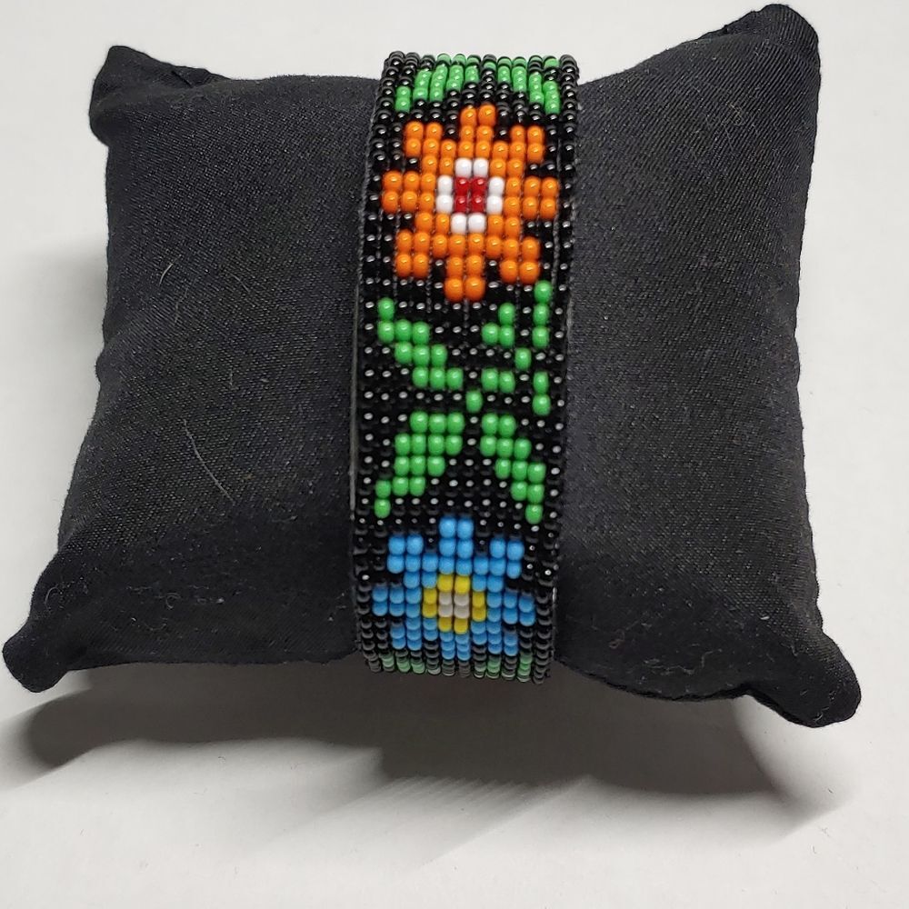 Loom Beaded Bracelet Cuff Black w/ Floral